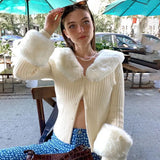 Knitted Cardigans Fluffy Sleeve Button Sweater Winter Elegant Vintage Casual Slim Turn Down Collar Solid Jacket