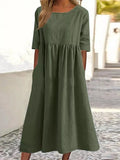 Cotton-Sleeved Short-Sleeved Pocket Folded Loose Round-Neck Dress In Summer