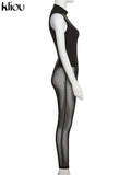 Kliou Solid Concise Two Piece Set Women Skinny Mock Neck Sleeveless Bodysuits+ Mesh See Through Leggings Acctivewear Female