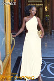 Women High Waist Hollow Out One Shoulder Cutout Pleated Dress Evening Party Ankle Length Long Dress Sleeveless Sexy Slim-Outfit