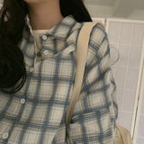 Women's Plaid Oversize Shirt Spring Summer Lantern Sleeve Vintage Blouse Women Thin Button Up Loose Check Shirt Female-Outfit