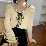 Tshirt Women T Shrit Wave Side Lace-up Cardigan Top Korean Autumn Repair Body Short Long-sleeved T-shirt Harajuku