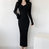 V-Collar Long-Sleeved Knitted Dress Skirt Autumn And Winter 2024 New Sweater Skirt-Outfit