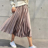 2020 Women Long Metallic Silver Maxi Pleated Skirt Midi Skirt High Waist Elascity Casual Party