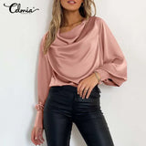 Elegant Satin Blouse 2022 Autumn Women Lantern Sleeve Long Shirts Fashion Cowl Neck Casual Solid Streetwear Tunic