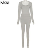 Kliou Solid Concise Two Piece Set Women Skinny Bodycon-shaping Crew Neck Bodysuit+High Waist Slim Sporty Leggings