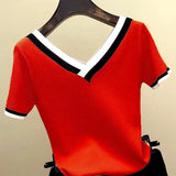 Color Striped Knitted 2021 Summer Top Shirt Woman Clothes V-Neck Short Sleeve Shirt Women Femme Camisetas Mujer