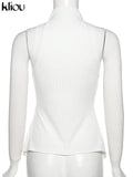 Kliou Ribbed Hollow Out Tops Women Sexy Solid Mock Neck Sleeveless Undefined Cleavage Skinny T-shirt Streetwear Female
