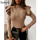 2020 Fashion White Lace Patcheok Ruffles Long Sleeve Skinny Knitted T Shirt Women Casual Sexy Black Autumn Basic