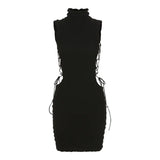 Kliou Stunning Stacked Mini Dress Women Sexy Solid Mock Neck Sleeveless Draw String Bodycon Party Clubwear Elegant Female