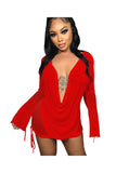 Deep V-Neck Long Sleeve Top See ThroughTwo Piece Skirt Set 928-0-Outfit