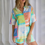 Women's Lounge Set Tropical Print Lapel Neck Short Sleeve Button Down Shirt Elastic Waist Shorts Summer Outfit-Outfit