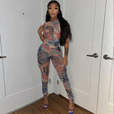 Kliou Mesh Paisley Print Two Piece Set Women Skinny O-Neck Sleeveless Top+ Multi-Color Pencil Pants Streetwear Female