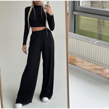 Two Piece Set Women Skinny Turtleneck Long Sleeve Cropped Top And Elastic Wide Leg Pant Suit Elegant Female Solid