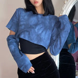 Dye T-shirts Women Blue Removable Sleeve Trendy Korean Style Chic Club Streetwear Popular Female Crop Top Ins Sexy Slim
