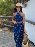 Fashion Printed Women's 2 Piece Set Sexy Cross Hanging Neck Tank Long Pants Suit 2023 Summer Lady Chic High Streetwear-Outfit