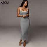 Kliou strap backless sexy bodycon midi long dress new women high waist cotton striped dresses elegant fashion party