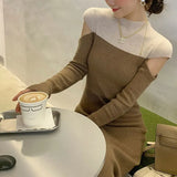 Winter Elegant Fashion Hollow Out Spliced Sweater Bodycon Dress Women Long Sleeve Vestidos De Fiesta Lady Casual Dresses-Outfit