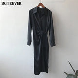 Fashion Turn-down Collar Women Satin Mid-length Dress Casual Loose Irregular Belted Female Dress 2022 Spring-Outfit
