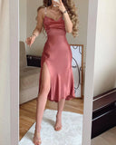 Women Fashion Spaghetti Strap Midi Dress Slip Dress Women Sexy Slim Fit Bodycon High Slit Party