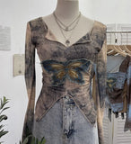 Real Shooting Pure Sexful V-Neck Umbilly T-Shirt Female Hairy Denim Butterfly Embroidered Mesh Yarn Long Sleeve Top