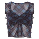 Woherb Summer New Women's Wear Waist Draw Pleated Plaid Crop Small Vest Slim Skirt-Outfit