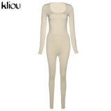 Kliou Solid Concise Two Piece Set Women Skinny Bodycon-shaping Crew Neck Bodysuit+High Waist Slim Sporty Leggings