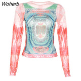 Puss Dollar Print Women Long Sleeve Crop Tops Y2K Fashion O-Neck Wild Mesh Sexy Fall Slim Hipster Streetwear Gorgeous Tees-Outfit