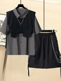 Gothic Men Suits Cargo Vest + Shirt + Shirts 3 Pieces Set Summer Clothes Punk Preppy Streetwear Casual Outfit Men Fashion