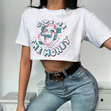 cute cartoon print T shirt women short sleeve crop top loose white casual streetwear t shirt summer cotton tee