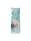 2023 Women Summer Skirts Fashion Print Pleated Split Mesh Fabric Elasticity Female Slim Mid-Calf Elegant Skirt Clothing-Outfit