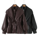 Fashion Collar Design Lantern Sleeve Imitation Leather Jacket Woman In Autumn