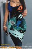 Figure Print Sleeveless U-Neck Bodycon Dress Women Spring Summer High Waist Slim Sheath Mini Dress-Outfit