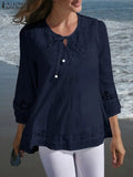 3/4 Sleeve Holiday Lace-Up Shirt ZANZEA Spring Lace Patchwork Blouse Bohemian Femme Fashion Casual Oversized Work OL