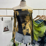 Dyed Printed Shoulder T-Shirt Design Sense Irregular Open Fork Thin Mesh Long Sleeve Top