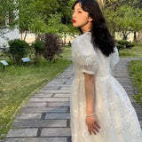 Long Fairy Dress Women Sweet Mesh Hollow Out Designer Vintage Dress 2021 Elegant Korean High Waist Party Floral Dress-Outfit