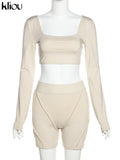 Kliou Biker Style Shorts Two Piece Set Women Autumn Harajuku Simple Square Collar Top+Solid Streak Decoration Sheath