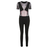 Kliou Mesh Patchwork Jumpsuits Women Fashion Skinny Short Sleeve Zipper Elastic Cleavage Rompers Streetwear Female