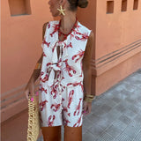 Women Lobster Printed Shorts Set Short Sleeveless Lace Up Shirt and Shorts Two Pieces Sets Summer Chic Lady Street Suit-Outfit