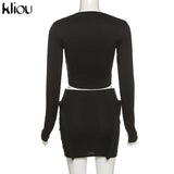 Kliou Knitted Stitching Mini Dress Women Hipster Skinny Three-Dimensional Decoration Bodycon Long Sleeve Turtleneck