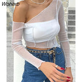Summer Women Clothes Navel-less See-through Sloping Shoulder Street Hot Splicing Y2k Slim T-shirt Long Sleeve Dress Solid-Outfit