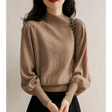 Goods In The Ocean With Half-High Collar Knitted Women 2025 Autumn New Lantern Sleeve Cashmere Bottom Sweater