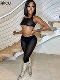 Kliou Sexy Sleeveless Cross Top And Pants Two Piece Set Women Solid Club Outfits Midnight Party Wear See Through Skinny