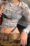 Graphic Print Green Mesh Sheer T-shirt Long Flare Sleeve Slim Crop Tops Sexy See Trough Women Tops Y2K Vintage Grunge-Outfit