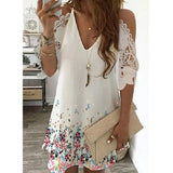 Off Shoulder Dress Women Vintage Floral Print Half Sleeves Midi Dresses Casual Sling V Neck Lace Boho Beach Party