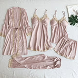 Pyjamas Set Women Satin Lace Nightwear Navy Blue V-Neck Pajamas Suit Spring Sleepwear Silky Sleep Wear Home