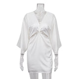 Woherb Wind 2024 Summer New White Satin Deep V-Neck Hollow Kink Seven Minute Sleeve Tight Dress-Outfit