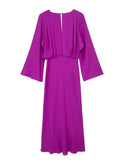 Solid Wrapped Satin Women Midi Dress Sexy Deep V Neck Loose Long Sleeve Maxi Dresses 2023 Female Evening Party Vestidos-Outfit
