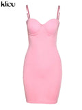 Kliou Solid Spahgetti Strap Mini Dress Women Sexy Camisole Body-Shaping Cleavage Hip Skirt Midnight Style Female Party Clubwear 1028-0-Outfit