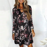 Autumn O Neck Hollow Out Fashion Print Loose Casual Midi Dresses Women Long Sleeve Elegant Dress Vestidos De Fiesta Robe-Outfit